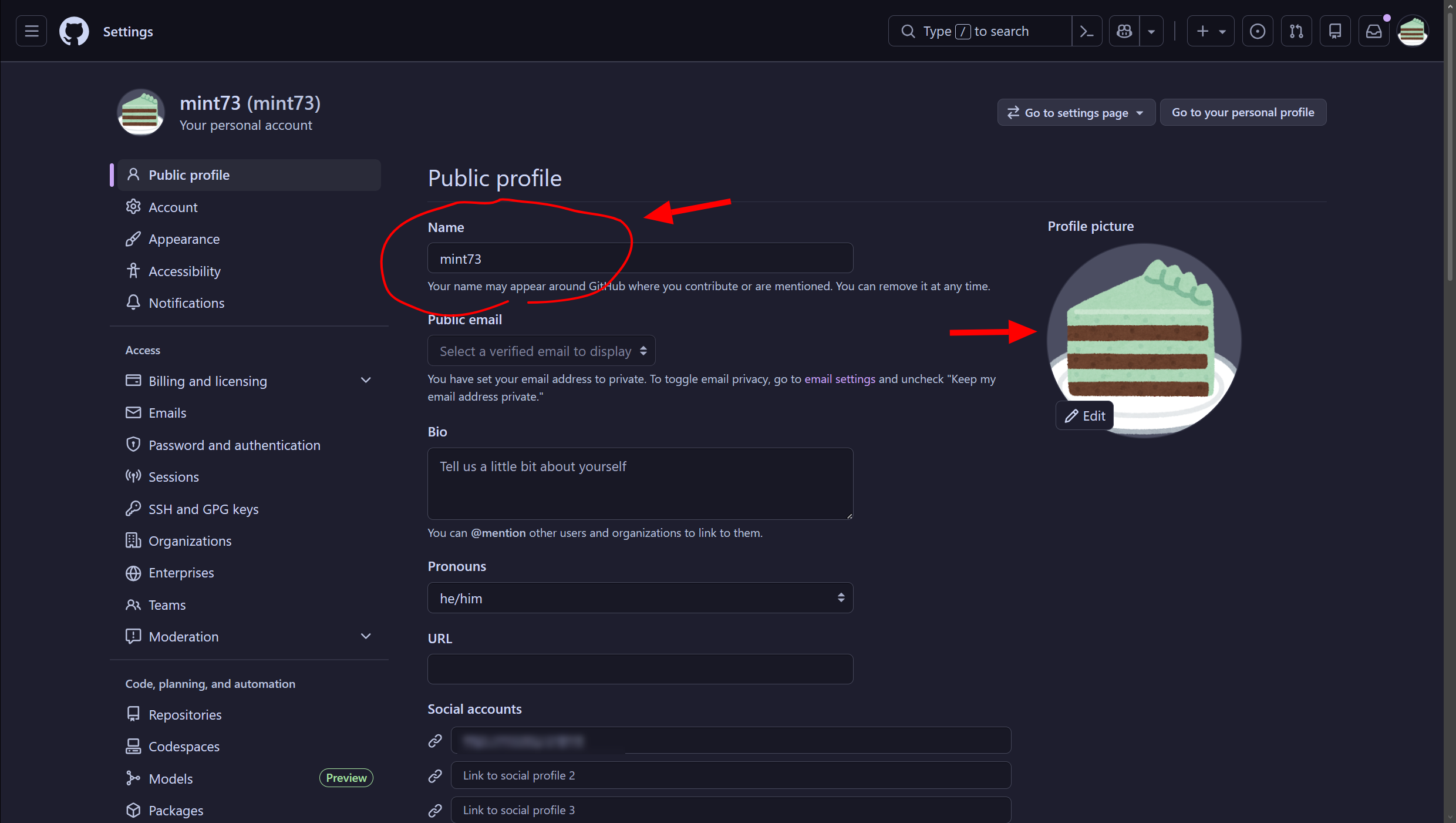 GitHub 名前・アイコン
